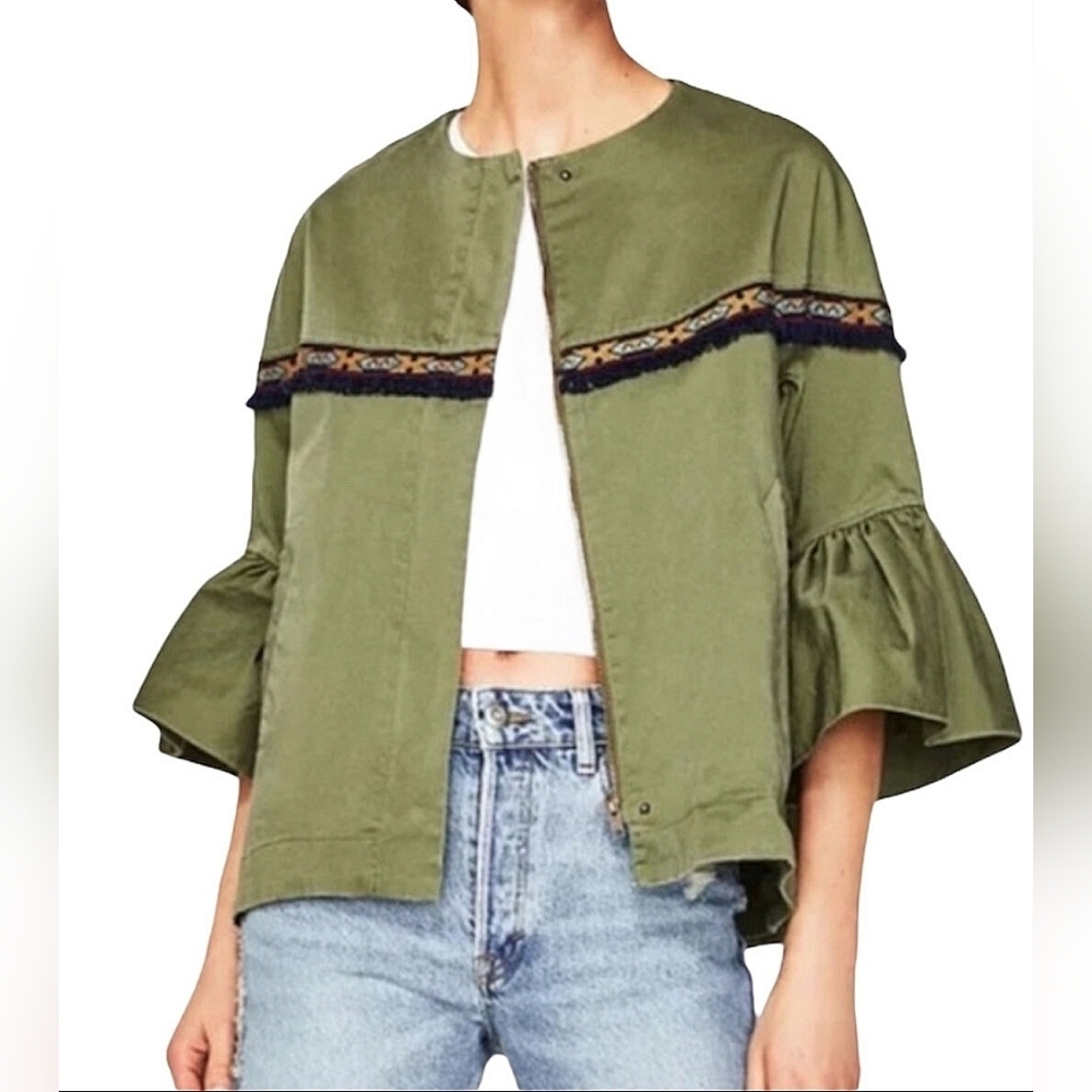 Zara Basic Bohemian Tribal Olive Embroidered Fringe Bell Sleeve Jacket – Size S